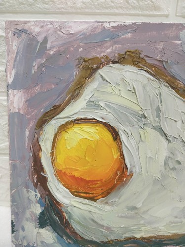 Original oil painting Food artwork Fried eggs Kitchen Still life art 10x10 in - Picture 4 of 7