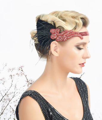 Gatsby Flapper Red Sequin Beaded Headpiece Hat 1920s Flapper Red Headband Black Feather Sequins Net  main image 3