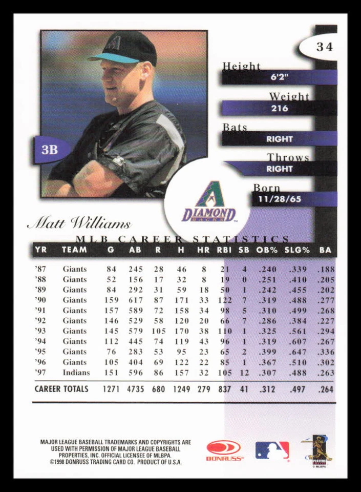 1998 Donruss Signature #34 Matt Williams Arizona Diamondbacks - Image 2 of 2