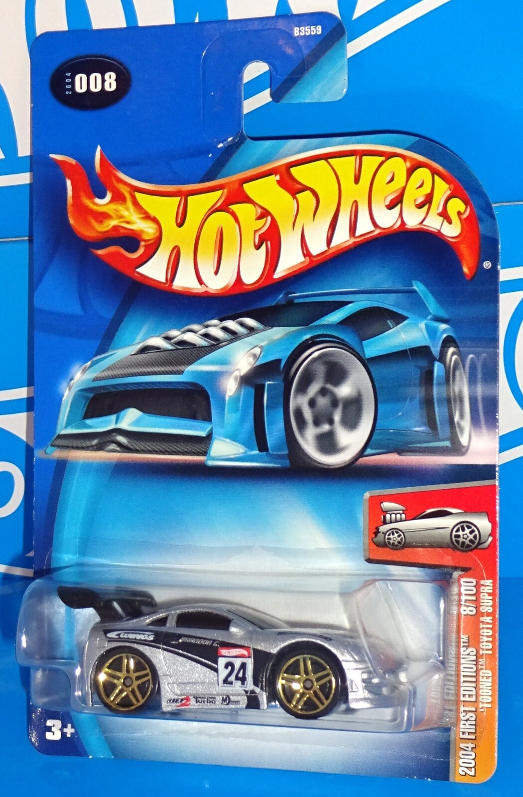 Hot Wheels 2004 First Editions #8 'Tooned Toyota Supra Silver w PR5s Chrome Base