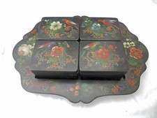 Vintage Papier Mache Tray with Boxes Four Sets Playing Cards Decorated Flowers