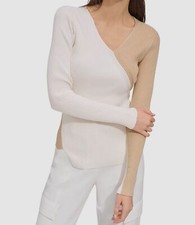 DKNY Womens Beige Ivory Colorblocked Pullover V-Neck Sweater Size XL