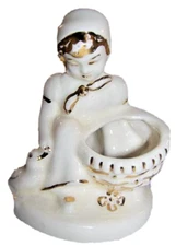 Vtg Porcelain Planter Figurine Planter GIRL DUCK Gold Trim 5" Tall