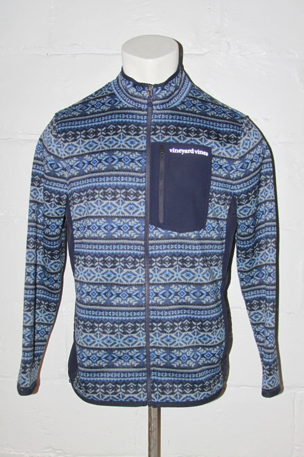 EUC Vineyard Vines Fair Isle Blue Full Zip Fleece Jacket Sz M Medium NICE WOW