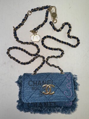 Chanel 22P Blue Denim Graffiti Black Pink CC Logo Frayed Credit