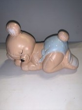 Vtg Ceramic Baby Teddy Bear In Diaper Hand Painted Nursery Decor Figurine Bank