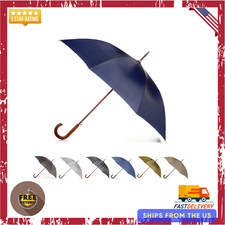 Auto Open Umbrella Classic Wooden J Stick Handle w/ Easy Grip Windproof NavyBlue