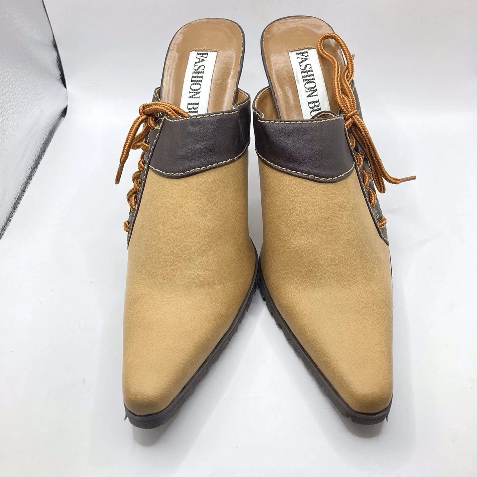 Vintage Lace Up Two Tone Mule 4” Heels 10M Vegan Leather Tan Dark Brown Western - Image 2 of 4