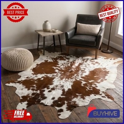 Premium Large Tricolor Cowhide Rug Brown White Hair On Leather Carpet Skin 6x6ft