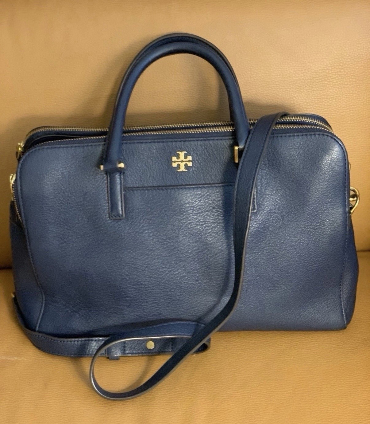 Tory Burch Navy Blue Georgia Satchel Pebbled Leather