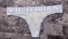 NWT VICTORIA'S SECRET BLUE GINGHAM THICK EXPLODED LOGO WAISTBAND THONG PANTIES