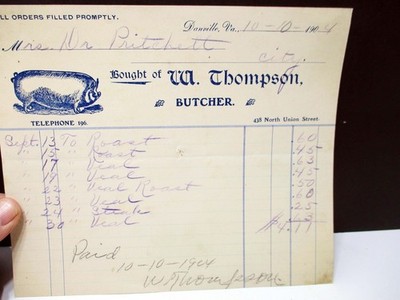 W. Thompson Butcher Danville Va 1904 Billhead Ephemera
