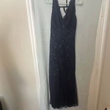 Candalate Navy Blue Sequin Lace V-Neck Sleeveless Lined Formal Gown S