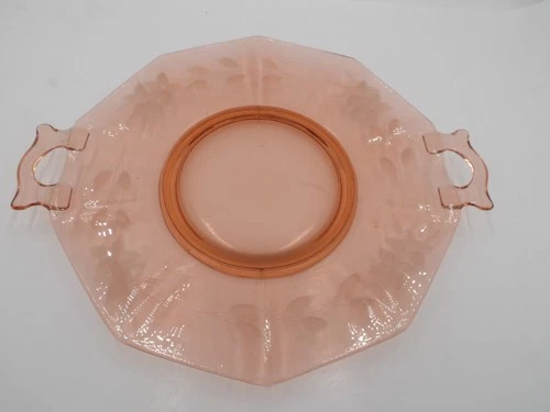 Vintage Pink Depression Era Glass Double Handle 10.25" Serving Plate Floral