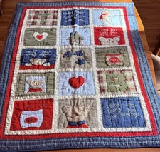Pottery Barn Kids Teddy Bear Crib/ Lap Quilt Denim Blue Corduroy Patchwork 50x36