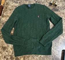 Ralph Lauren Sport Women  s Cable Knit Sweater Green Pink Pony Size L Cotton