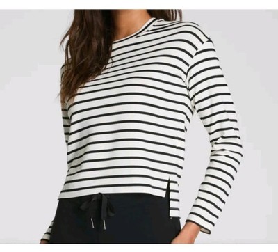 SPANX Air Essentials Relaxed Side Slit Top - Black White Pier Stripe Size Small 