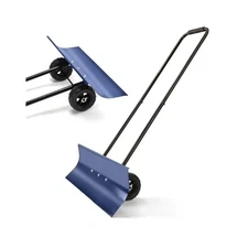 Snow Pusher Shovel with Wheels, Angled Blade, Ergonomic Handle, for Driveways