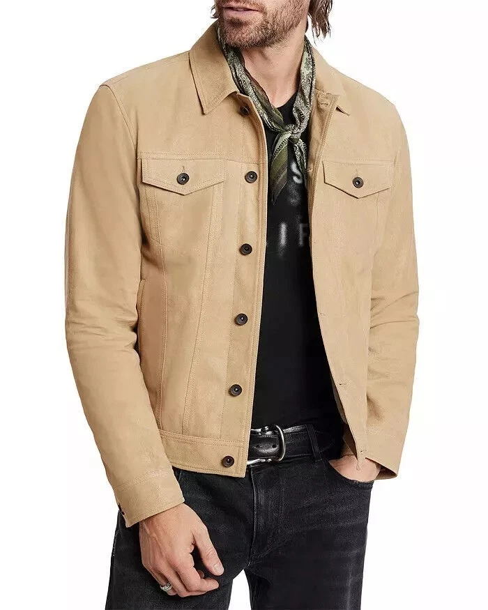 Leather Trucker Jacket for Men Tan Pure Suede Custom Made Size S M L XL XXL- 301
