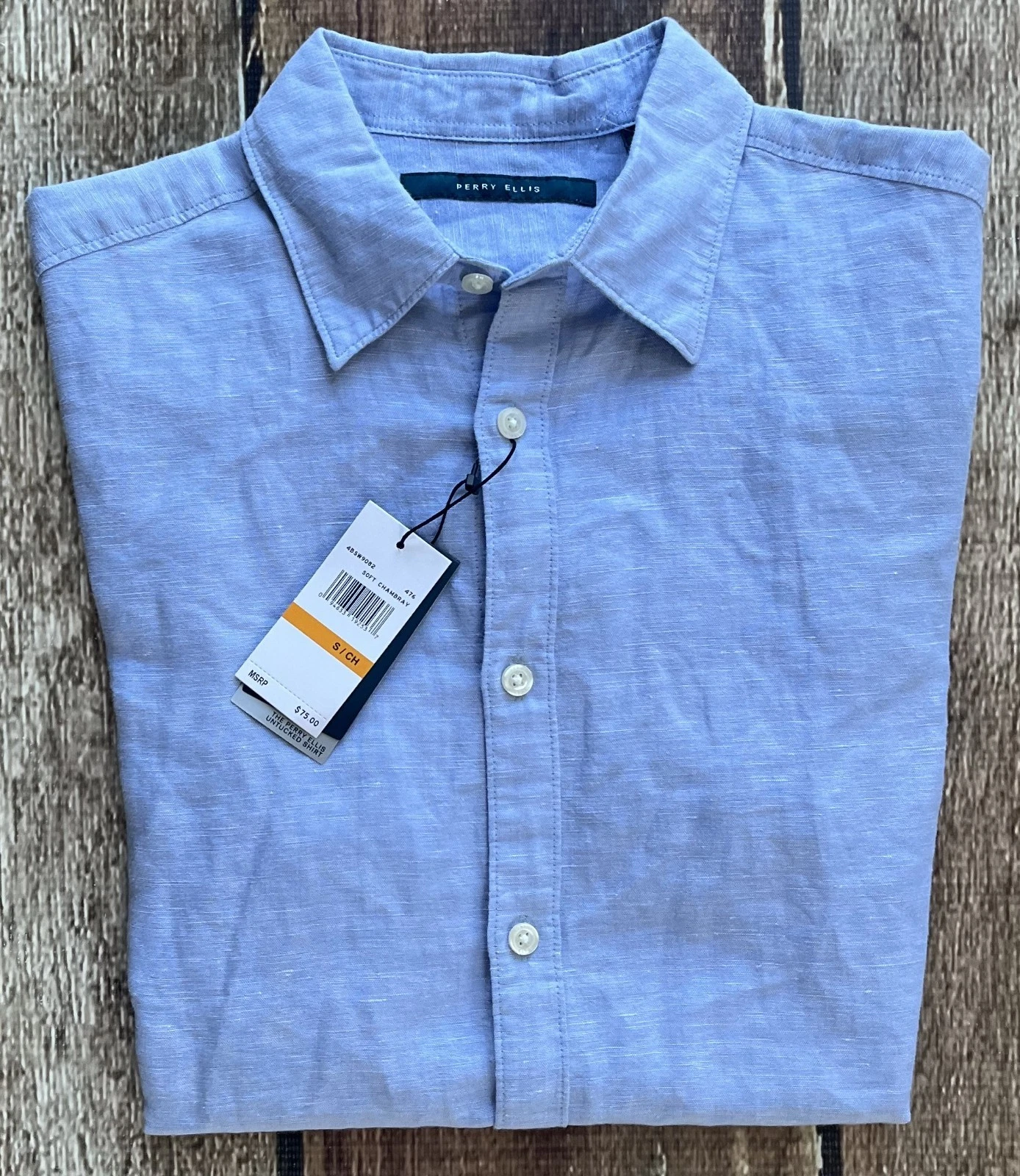 PERRY ELLIS LINEN BLEND SHORT SLEEVE SPORT SHIRT BLUE MENS SMALL NEW $75