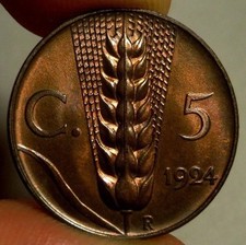 VITTORIO EMANUELE III 5 CENTS 1924 RED COPPER EAR UNCIRCULATED UNC