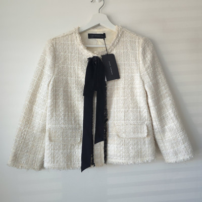 Zara Creme Schleife Boucle Kurz Struktur Tweed Blazer Jacke Gr M Medium 10 12 