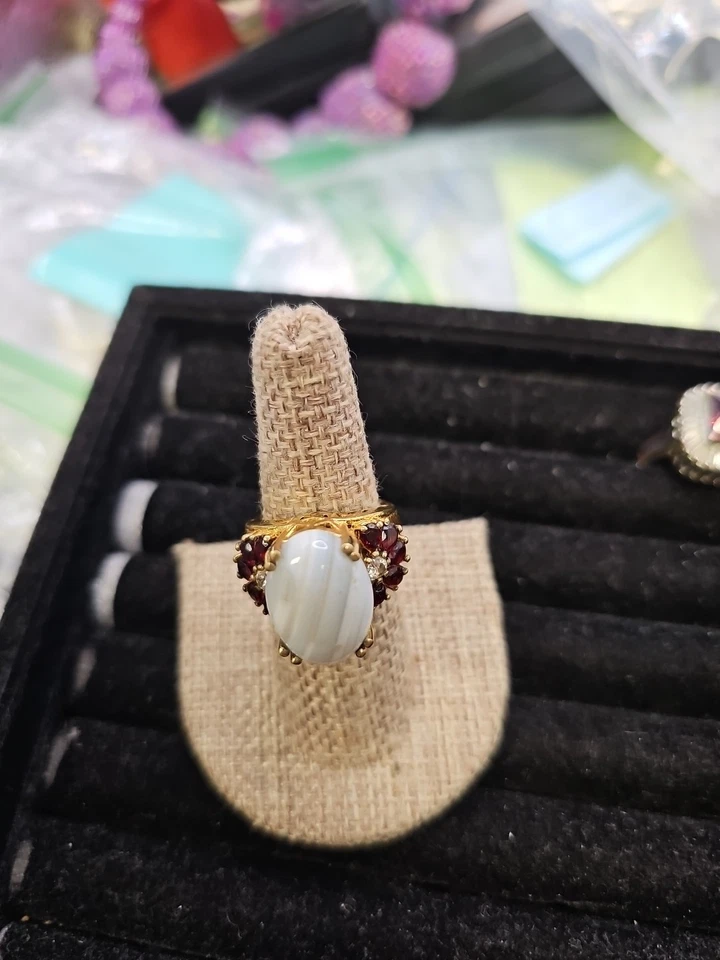 Кольцо размер 6,75 синий кружевной агат красный гранат акценты с кубический цирконий карис... - Изображение 4 из 4