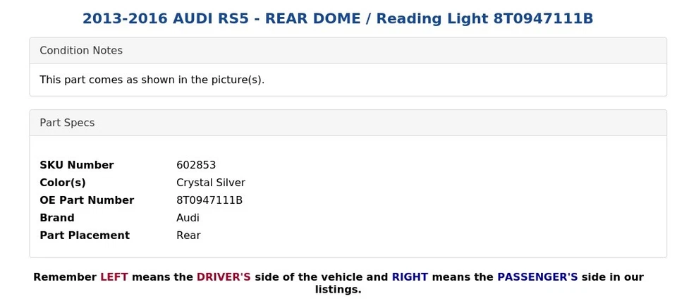 AUDI RS5 2013-2016 - cúpula trasera / luz de lectura 8T0947111B Foto 4 de 4