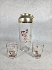 Vintage 1940's Rooster Cocktail Shaker Metal Gold Top & 2 Matching Glasses RARE