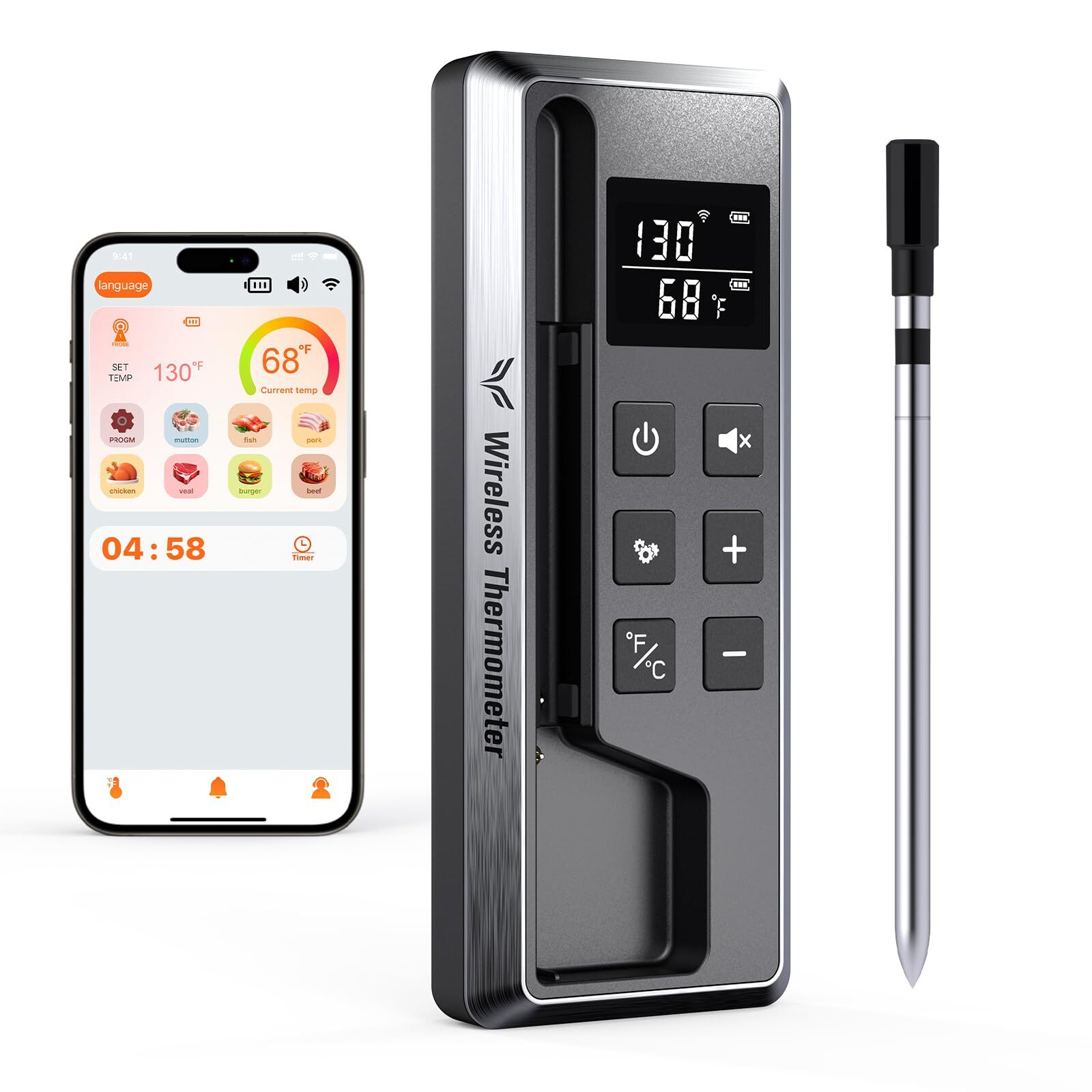 Meat Thermometer Digital Wireless, 800FT Long Range Bluetooth Cooking Thermom...-image