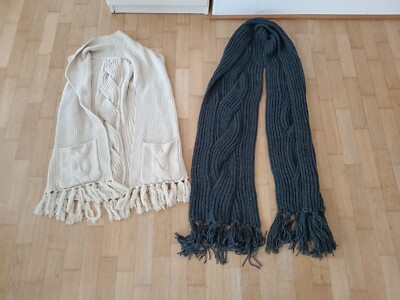 Esprit Strickjacke Gr.S + Schal beige grau Poncho lang Damenjacke Weste Jäckchen