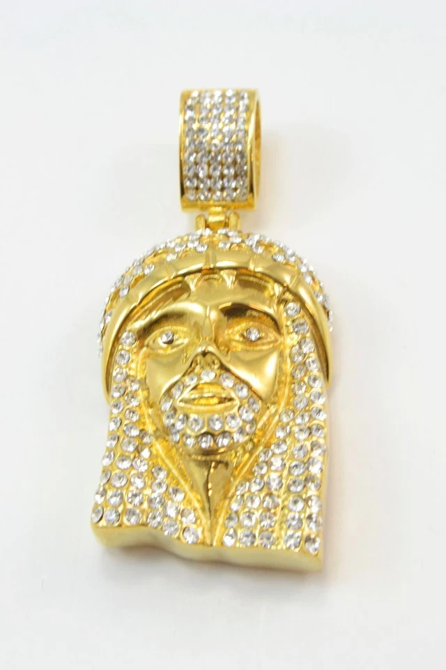 14k Gold Finish Mini Jesus Sterling Simulated Diamond Pendent Charm Foto 3 de 4