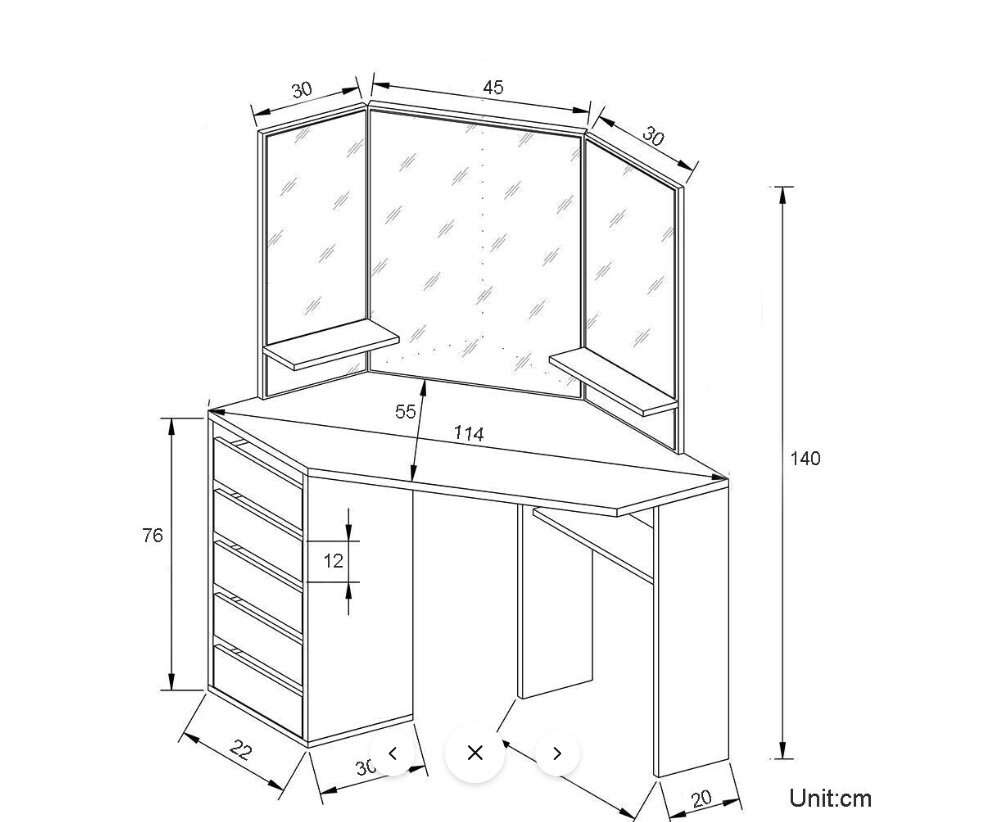 Luxury White Boudoir Corner Dressing Table Dresser Cosmetic Jewellery