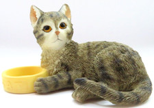 Brown & White Cat Ornament Sitting next to Food Bowl 6.5 CM Figurine Gift Home