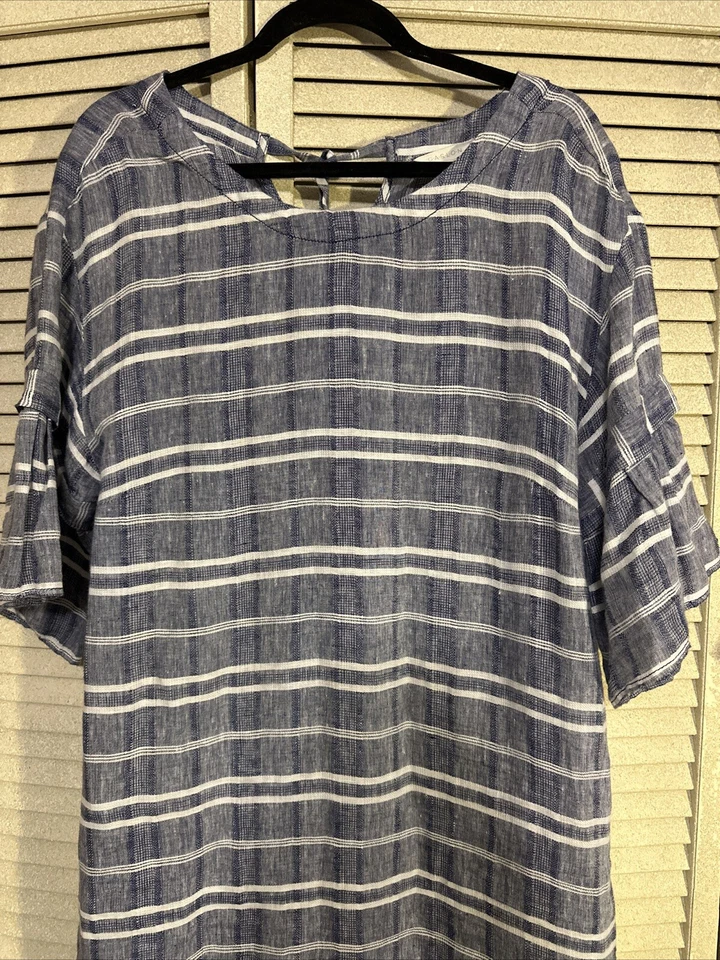 Vestido saco a rayas de lino azul blanco Caslon para mujer talla XL túnica cierre de corbata Foto 2 de 4