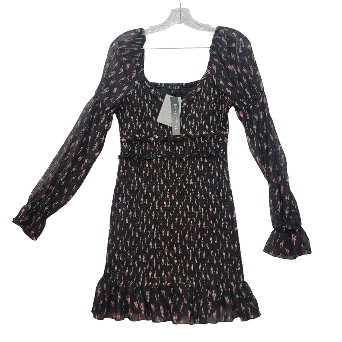 Ke-Ned-Ik Dresses | Ken-Ed-Ik Black Floral Long Sleeve Smocked Mini Dress Size L Women's | Color: Black | Size: L | Shaliasonline's Closet