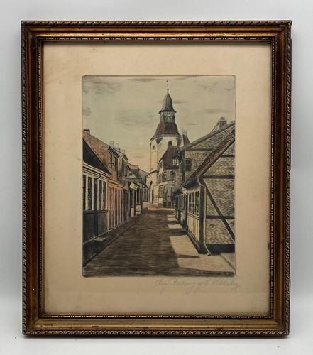 Etching Street Denmark Timber-Frame C.Wedderkopp 1924 Frame Antique