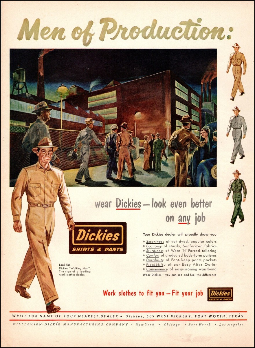 1949 vintage Ad DICKIES Work Shirts and Pants art, Nightr shift