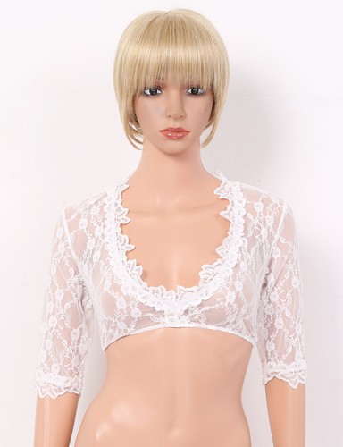 Damen Spitzen Shirts Halb-Transparent Dessous Kurz Crop Top Slim Fit Unterhemd - Picture 48 of 51