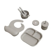 Silicone Baby Feeding Set, Suction Plate Bowl Set, Self 8 Piece Gift Set Gray