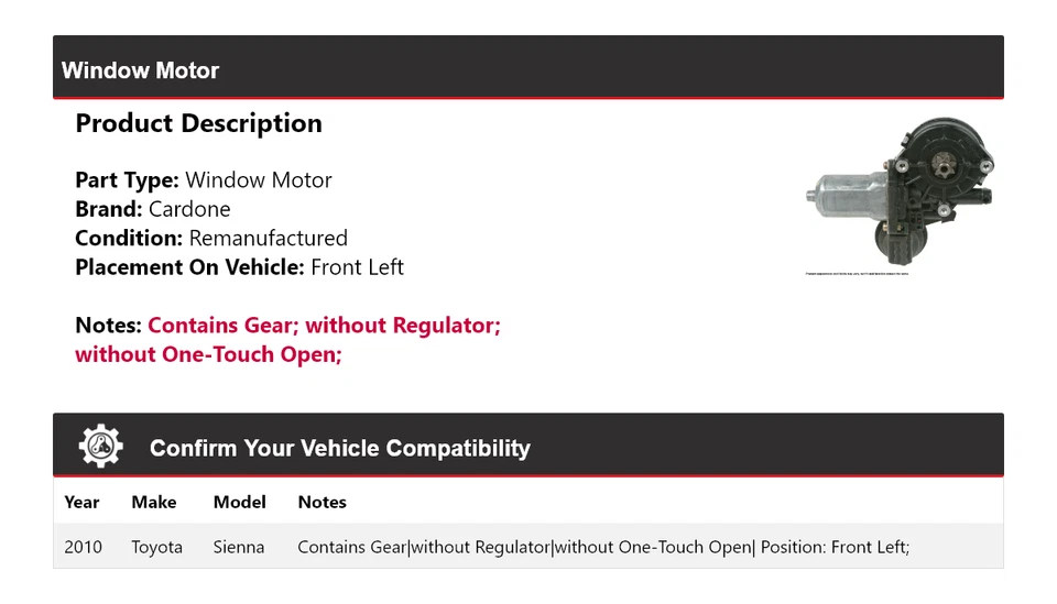 Motor de ventana delantero izquierdo cardone Toyota Sienna 2010 Foto 2 de 4