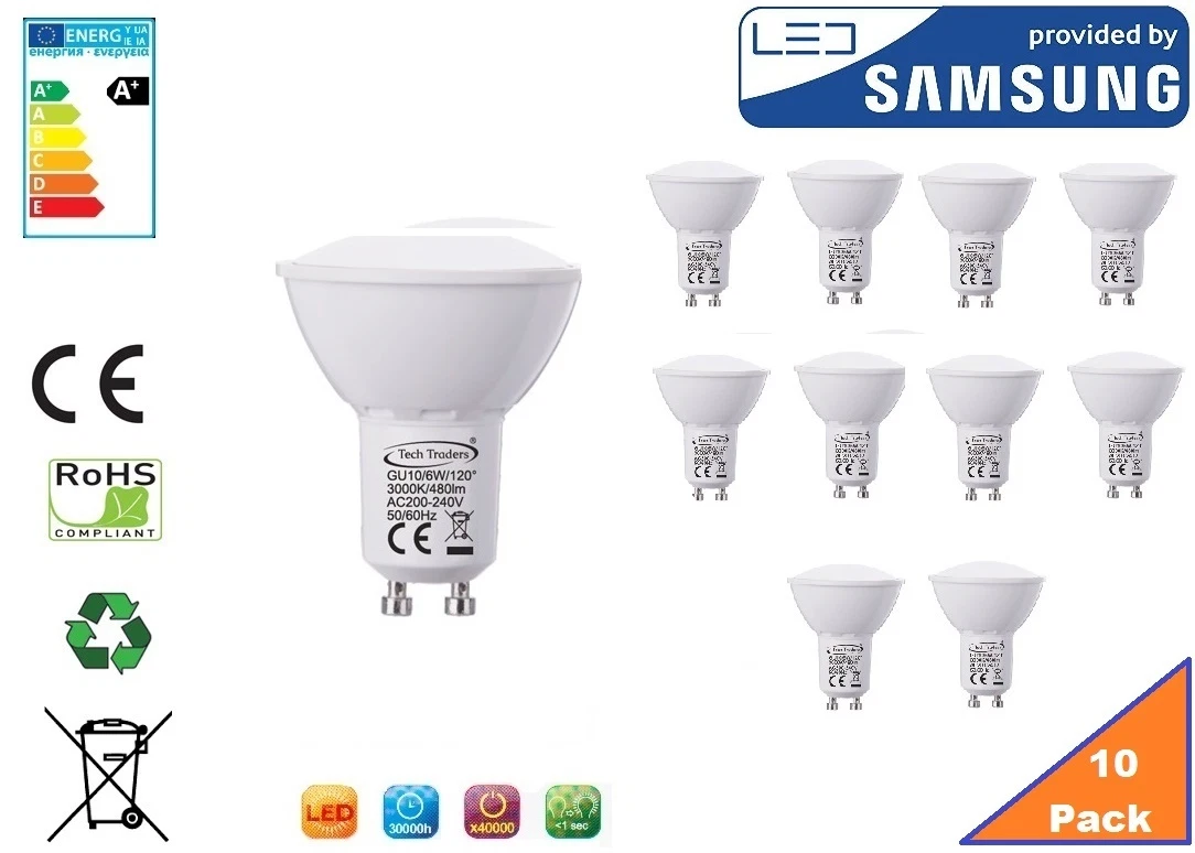GU10 LED Bulb Warm White 6W 480 lumens 3000K 120 Beam Angle Pack of 12