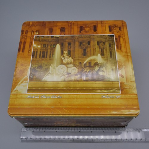 Vintage European Fountains Metal Storage Tin Scenic Paris Litho Orange Yellow 9" - Picture 8 of 8