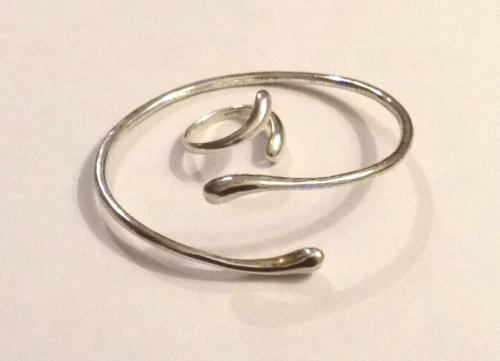 vintage TEAR DROP solid 925 sterling SILVER Cuff bracelet sz 8 RING set 26 gram