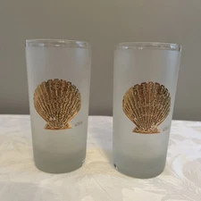 Vintage Culver Gold Sea Shell Frosted Highball Glasses Tumblers Set of 2 Signed