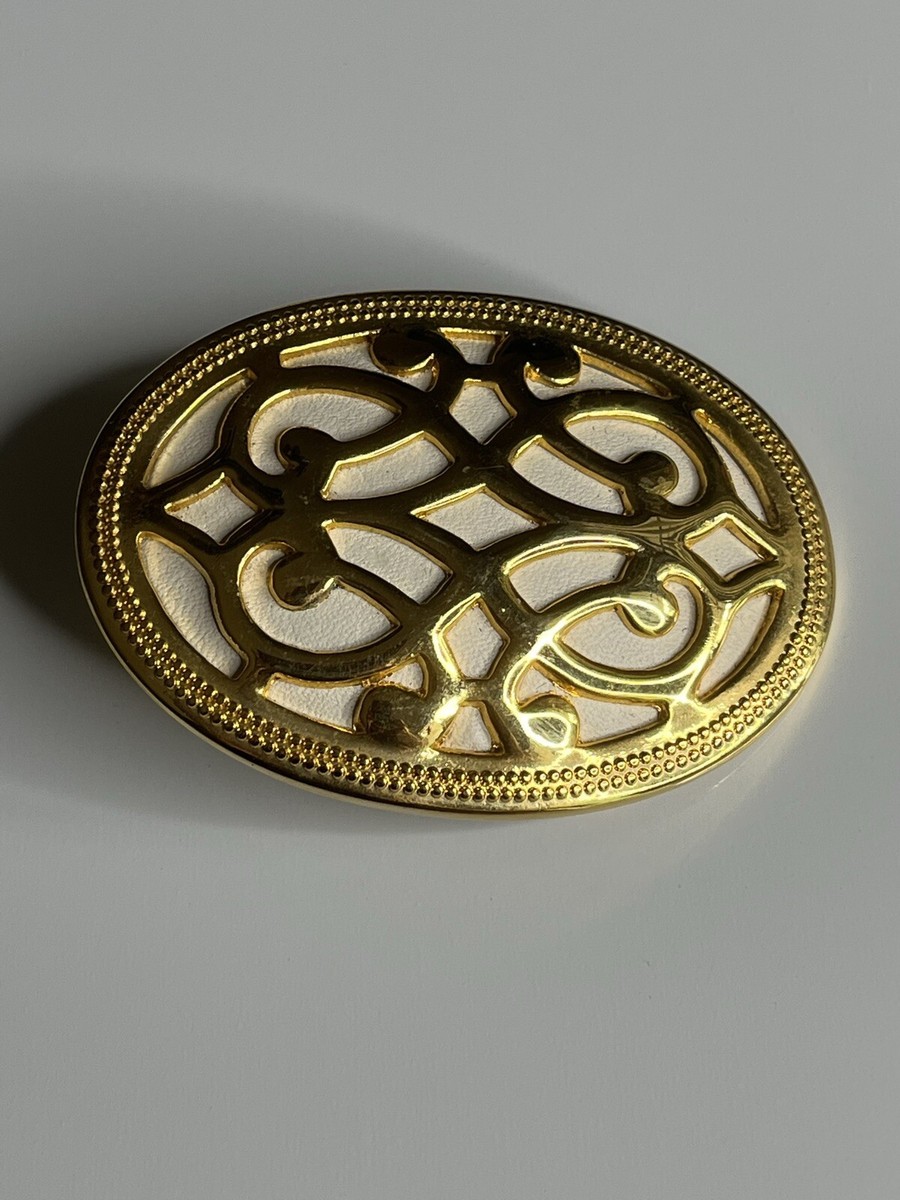 Day-Lor Vintage Gold Tone Cream Leather Statement Belt