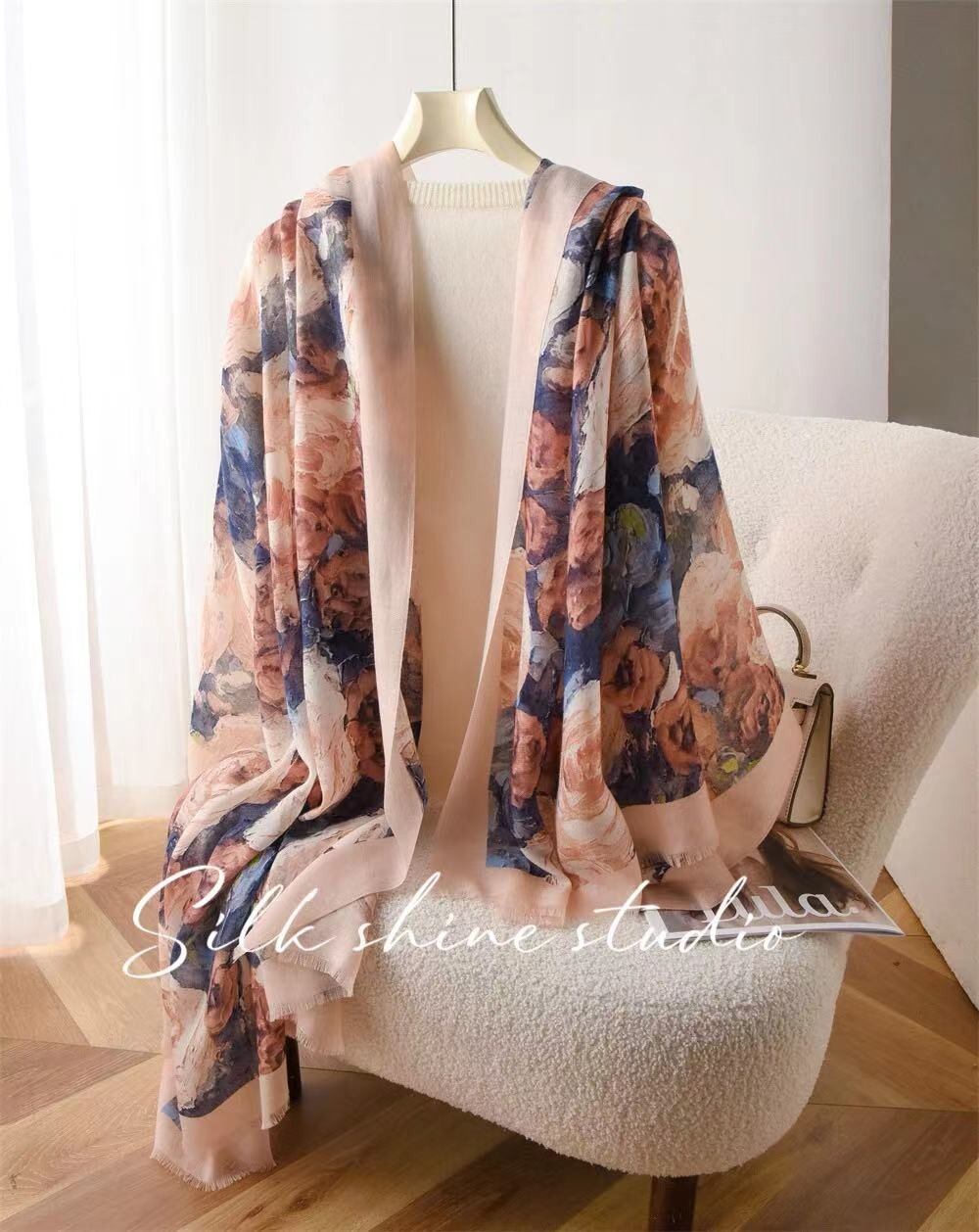 Mantón grande 100 % cachemir rosa flor envolvente -delgado suave delicado- 78x39" oblongo