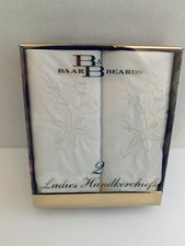  2 Vintage NOS Women's Handkerchiefs NIB B B white embroid floral 100 cotton