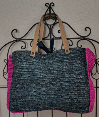 l' Atelier du Crochet by Le Voyage TOTE BAG PURSE Handmade Rafia Pink Blue NEW