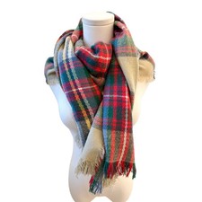 Oversized Plaid Blanket Scarf Shawl Wrap Red Green Tartan Fringe Winter Cozy